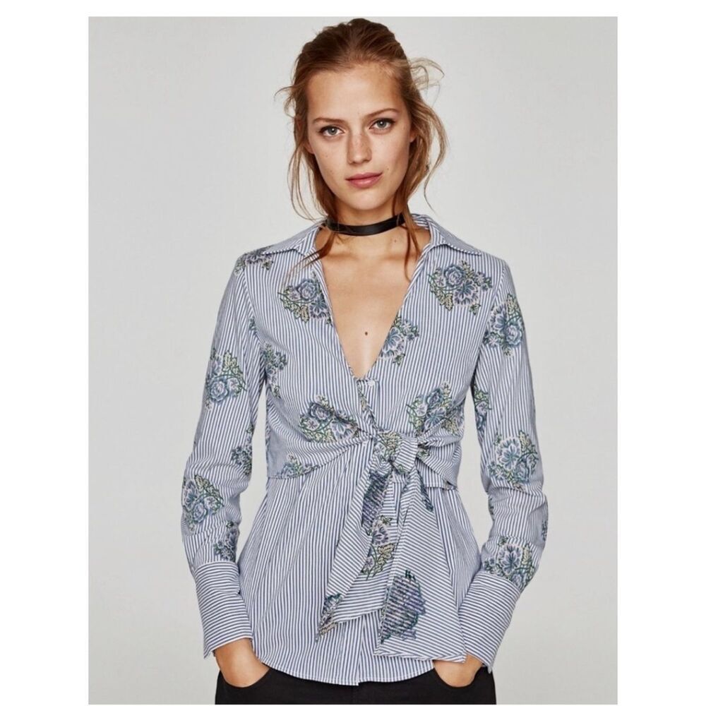 Zara Woman striped floral tie collared shirt XS